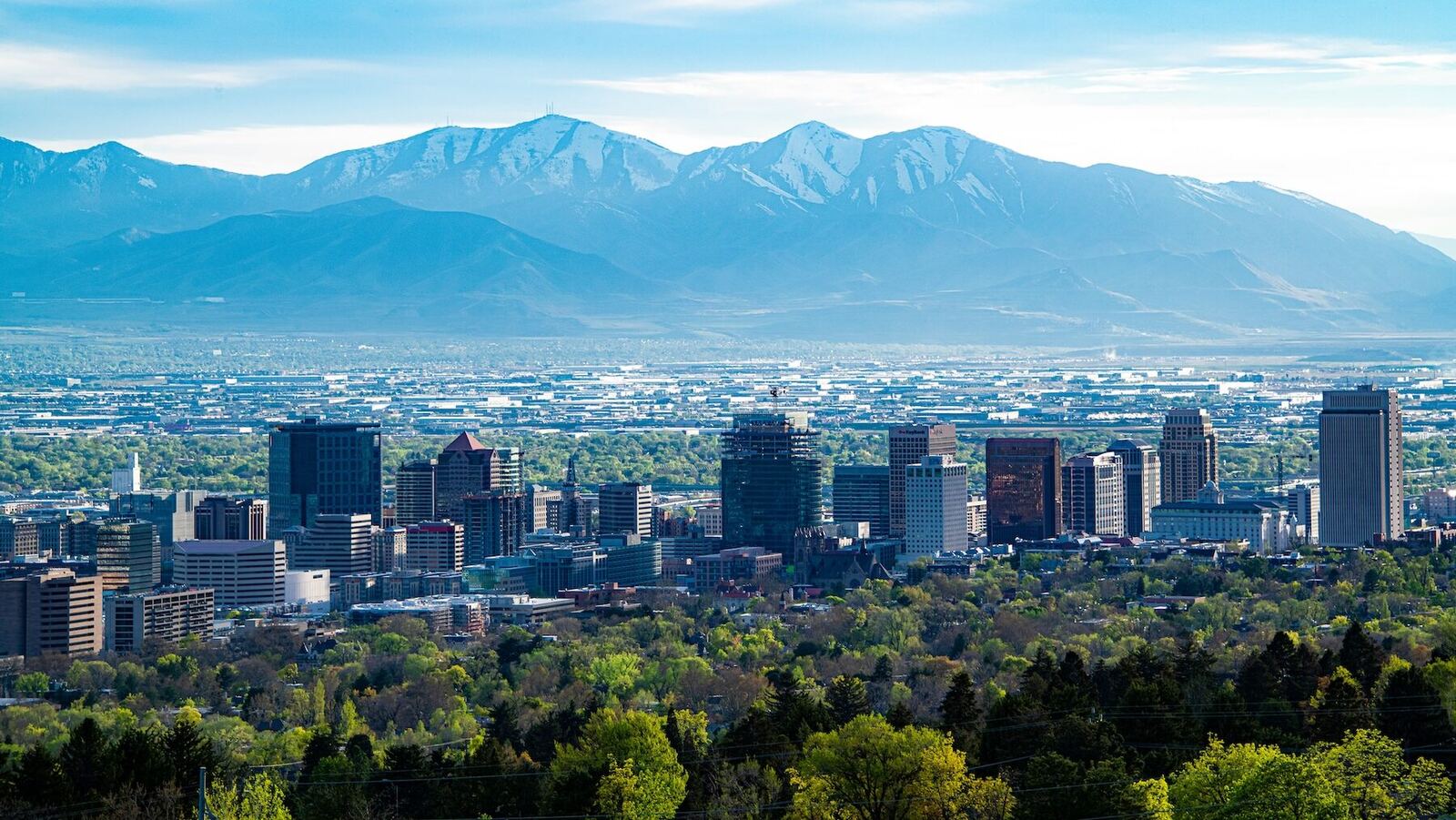 The Salt Lake City skyline against the Wasatch mountains