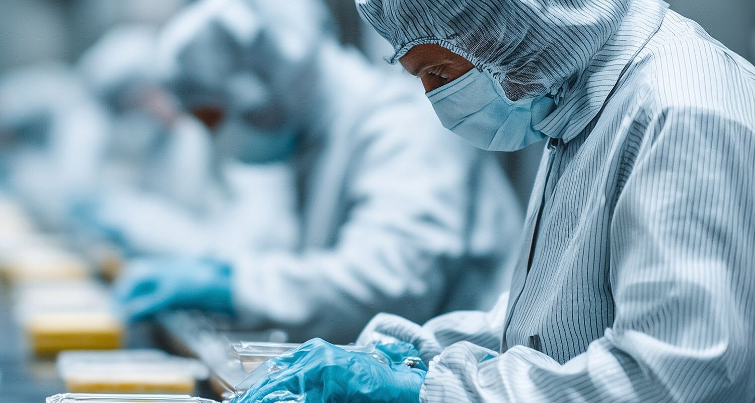 Researchers working in a clean-room laboratory